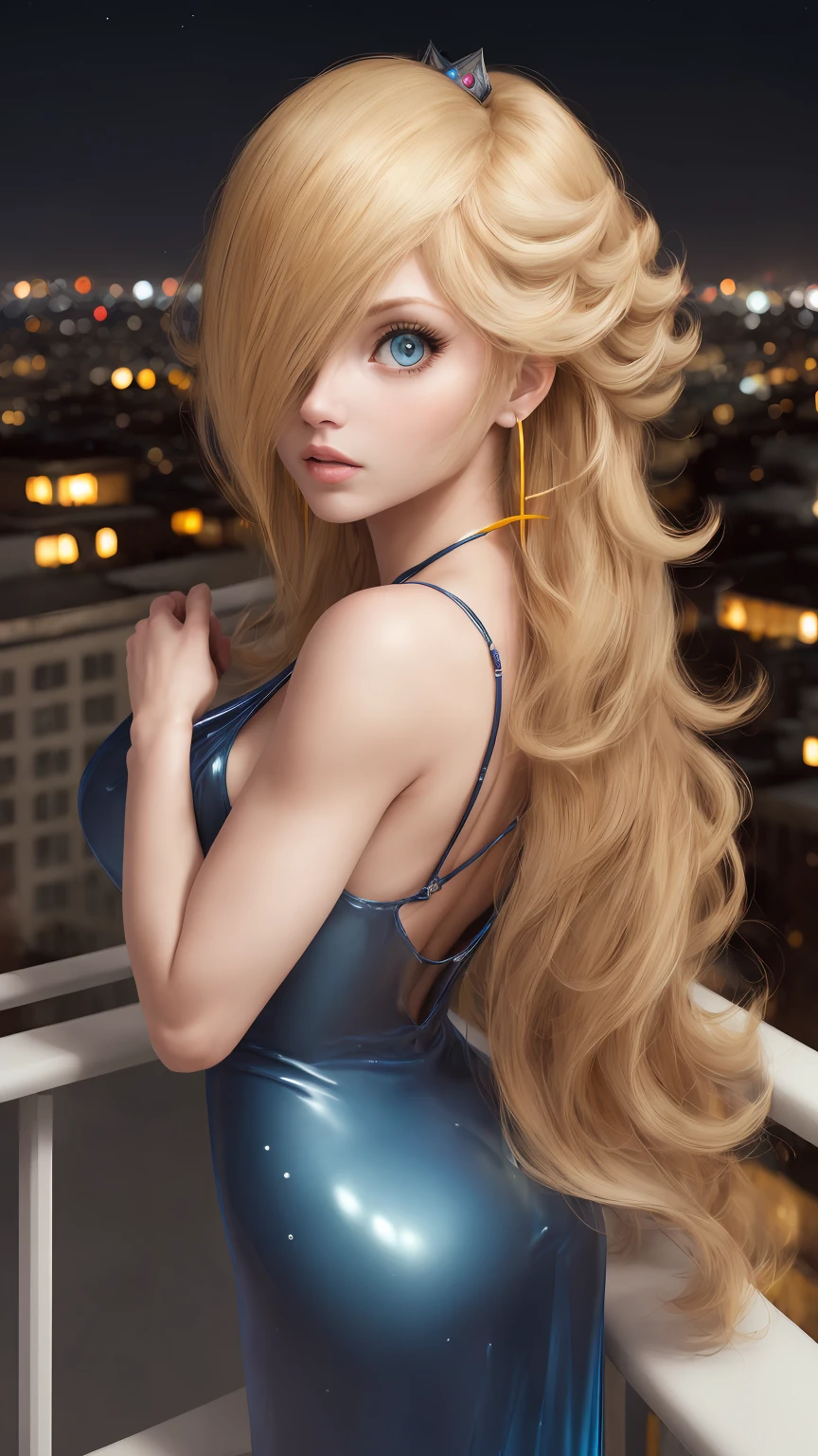 (masterpiece, highest quality, extremely detailed), professional fashion photography, photorealistic, sharp, mature female, long hair, big eyes, hair between eyes, (detailed face and eyes):1.2, ass, oily skin, latex pelvic curtain dress, multiple straps, candid pose, rooftop balcony, lights, moon, bokeh,