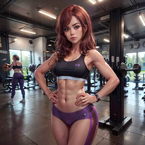 Masterpiece, best quality, detailed face, woman, toned body, sexy body, auburn hair, black sports bra, purple yoga pants, standi...