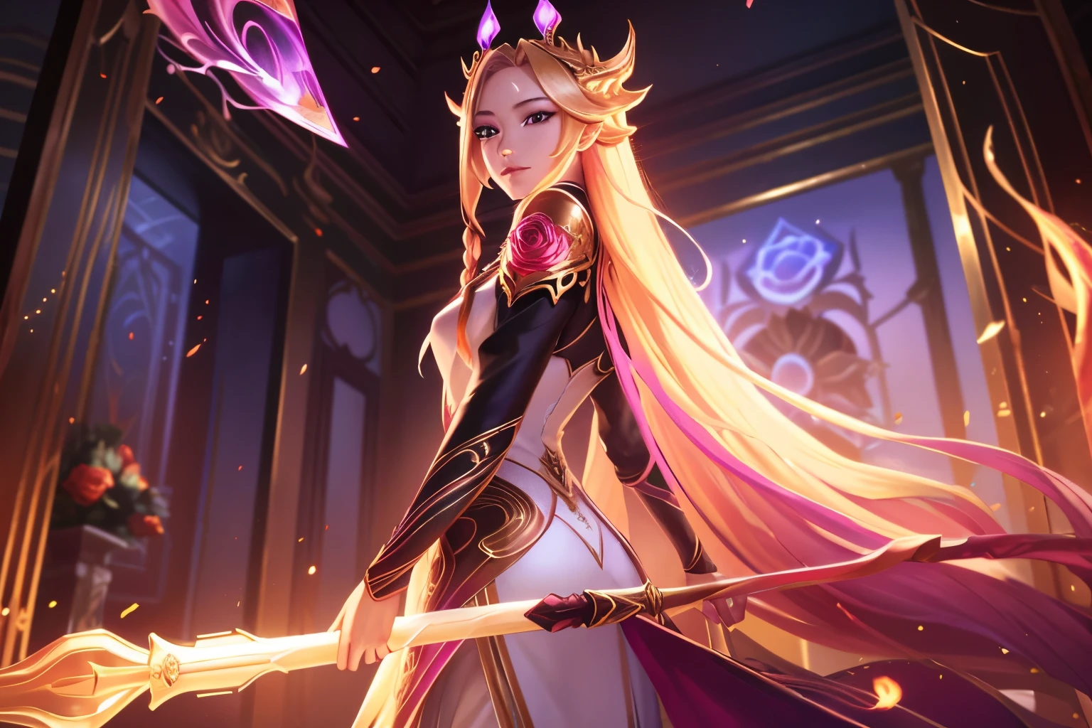 1 pessoa, cabelo loiro longo, privilégio, (เวทมนตร์brilharสีทองดำ:1.2), Harmonia, Arte inicial de League of Legends, mulher,Olhos castanhos,brilhar,vista frontal,Palácio,Casaco branco,Amarre seu cabelo,camisa branca,segurando uma lança,Lutar,flor,Esquentar,Trança,Magia negra,espectro,vidro quebrado,Terno com ombreiras,rosa,magia de fogo dourado(กลีบrosa:1.2),หนามrosaสีอง,infortúnio,Deus,parado no meio do corredor