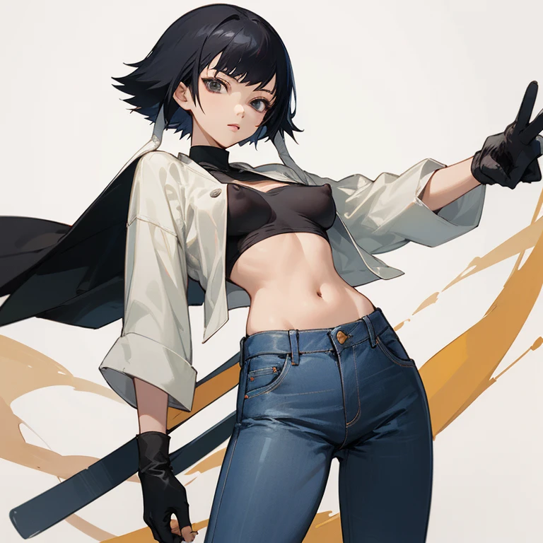 ((highest quality)), ((masterpiece)), (be familiar with),  BLEACH,Soi Fon, 1 girl, alone,  erect nipples, black hair,slanted eyes, Black clothes,jeans, Slender,slender,short hair with long locks, short hair, small breasts, gloves, put your hand on your waist