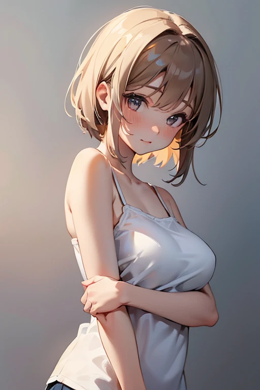 1girl,solo,retina,masterpiece, Awards, high quality, High resolution, HD, 4K,8K,high quality, rough skin,breast focus,depth of field,(line drawing:1.1),(large breasts:1.3),faint smile,oily skin,Relative to the girl,underside of breasts,(mochi shaped breasts:1.2),(closeup upperbody:1.5),white clothe,(perfect breasts from below:1.1),perspective,baby face,(short height,petite:1.3),camisole