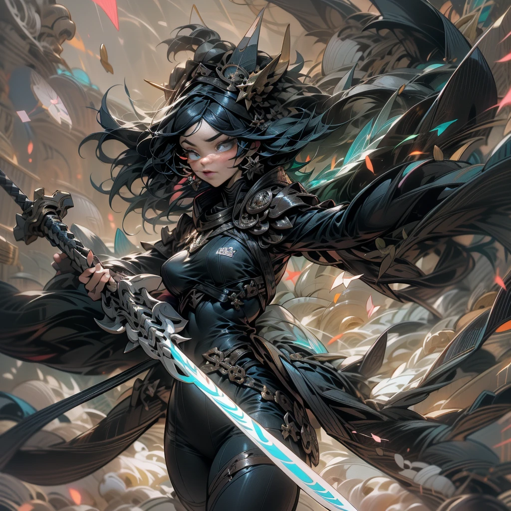 Hay una mujer vestida de negro., sosteniendo la espada, Ross Tran 8K, Arte de personajes renderizados en 3D 8 K, estilo ross tran, por Russell Dongjun Lu, al estilo de ross tran, impresionante arte de personajes, obra de arte al estilo de un cuestionario, personaje de fantasía hiperdetallado, por Ross Tran!!!, ross-dibuja 1. 0, Arte de personajes exquisito y épico..