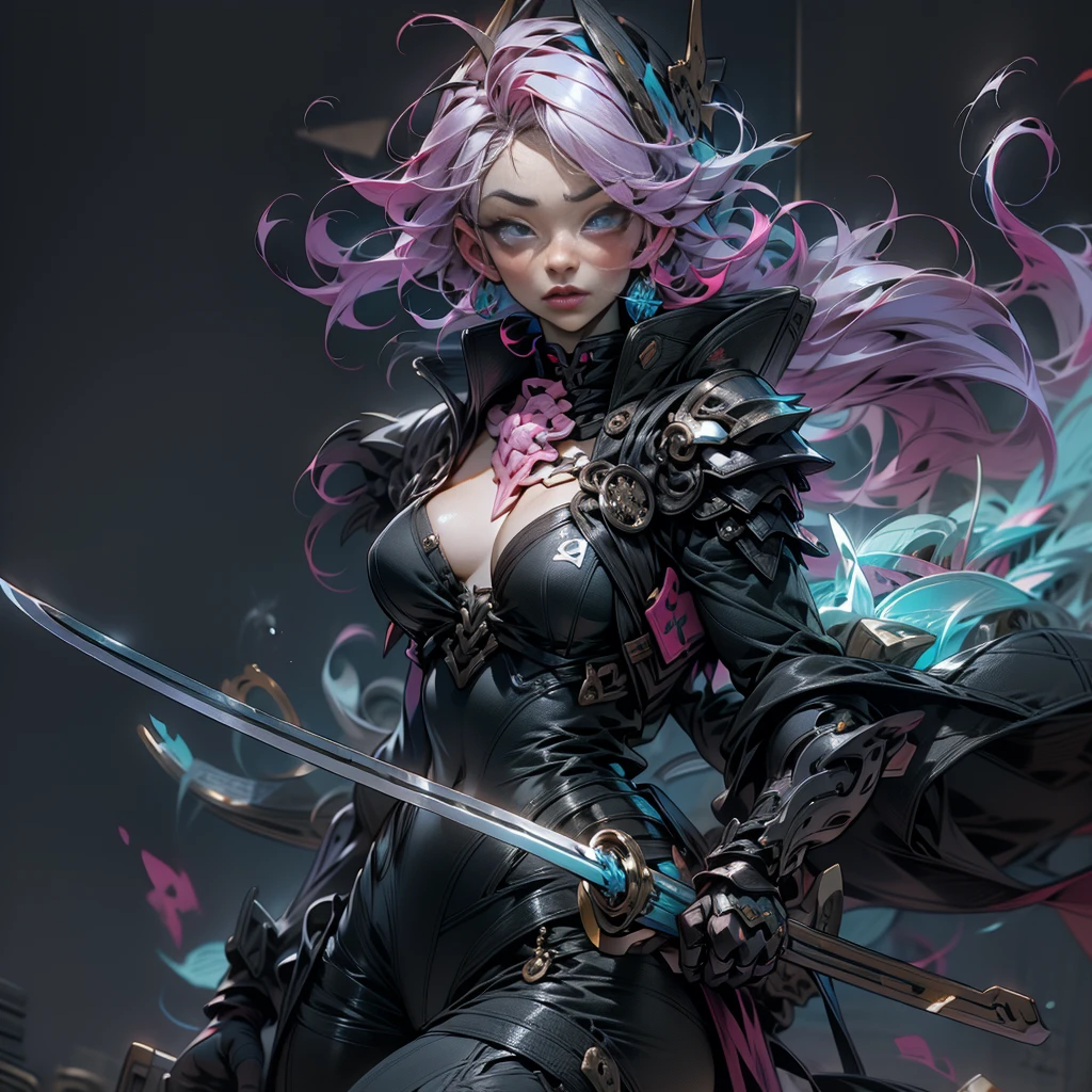 There is a woman in a black outfit, Holding the Sword, ross tran 8 k, 3d rendered character art 8 K, ross tran style, by Russell Dongjun Lu, in the style of ross tran, stunning character art, artwork in the style of quiz, hyperdetailed fantasy character, by Ross Tran!!!, ross-draws 1. 0, epic exquisite character art.