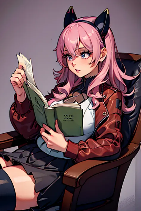 A pink haired woman with violet eyes with an hourglass figure in a cool leather jacket and gothic lolita dress dress is reading ...