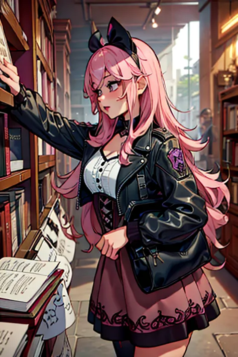 A pink haired woman with violet eyes with an hourglass figure in a cool leather jacket and gothic lolita dress dress is picking ...