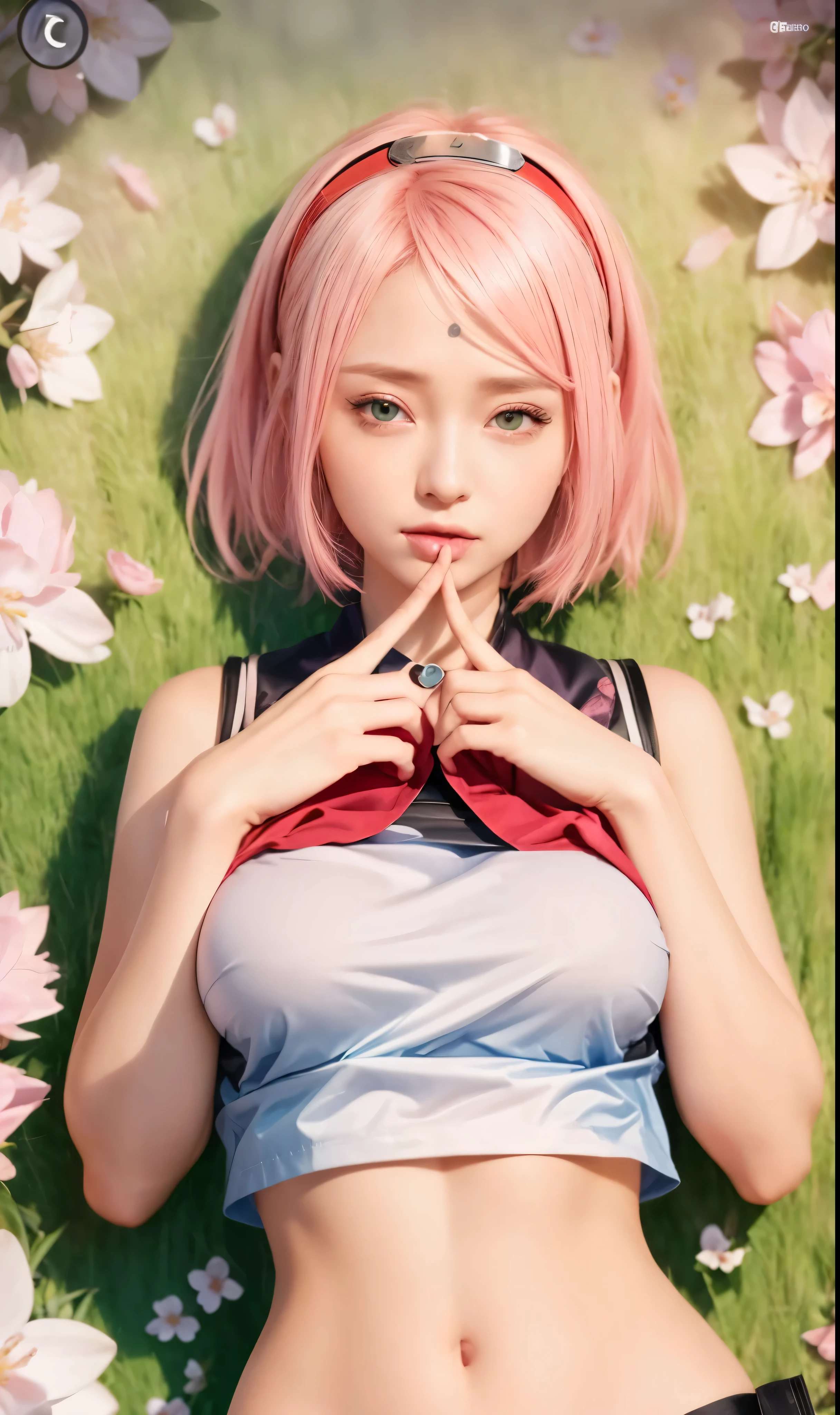 Haruno Sakura, naruto \(Series\), naruto shippuuden, Estilo de arte anime, Obra de arte, red camisa, camisa, cabelo curto, sem mangas, sem mangas camisa, protetor de testa, elástico de cabelo, konohagakure symbol on elástico de cabelo, 1 garota, Sozinho, franja, seios, cosplay, pessoa real, Vida real, boca fechada, manga de cotovelo, olhos visíveis através do cabelo, jogando kunai, blue Céu, cabelo flutuante, escorço, olhos verdes, olhos delicados, ingestão de cabelo, parted franja, cabelo rosa, small seios, sobrancelhas em formato de V, fundo detalhado, ar livre, flores de cerejeira, Céu, (ultra detalhado), (8K, intricado), (85 mm), Partículas leves, iluminação, corpo todo, (altamente detalhado:1.2), foco nos seios, (gradientes), sfw, colorida, (fundo detalhado), (regra do terceiro_composição:1.3), (Linha de ação:1.2), luz do dia, Sozinho