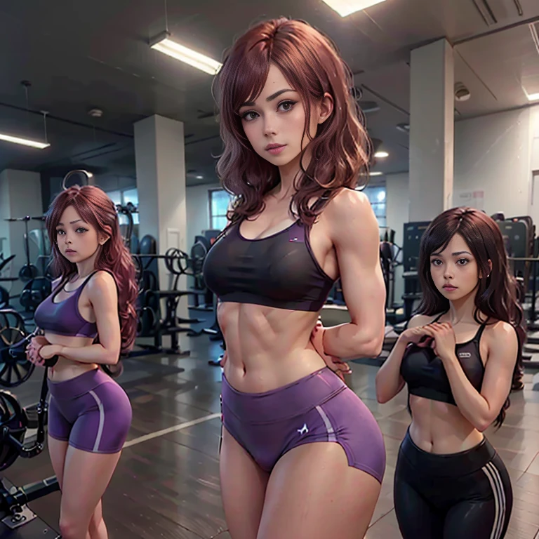 Masterpiece, best quality, detailed face, woman, toned body, sexy body, auburn hair, black sports bra, purple yoga pants, standing, hands behind back, hands hidden behind back, in the gym, looking at viewer, neutral face