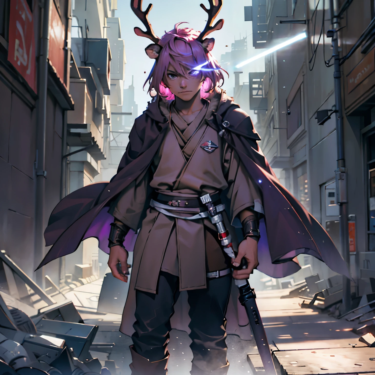 Young Male, Jedi, Purple Cloak, Fur Hood, (( Deer Antlers )), Pink Hair, Short Hair, Purple Eyes, Plate Armor, Handsome, Standing, Holding a weapon, ((Light Saber)), Saber activated, Facing the viewer, Confident Expression, high-res portrait, Fantasy, Vibrant Colors, dark lighting, Cinematic, Background, HDR, 3D, HD, Very Detailed, Masterpiece