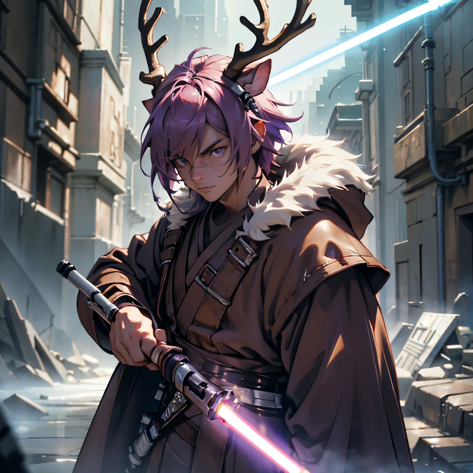 Anime character with purple hair holding a sword in a city - SeaArt AI