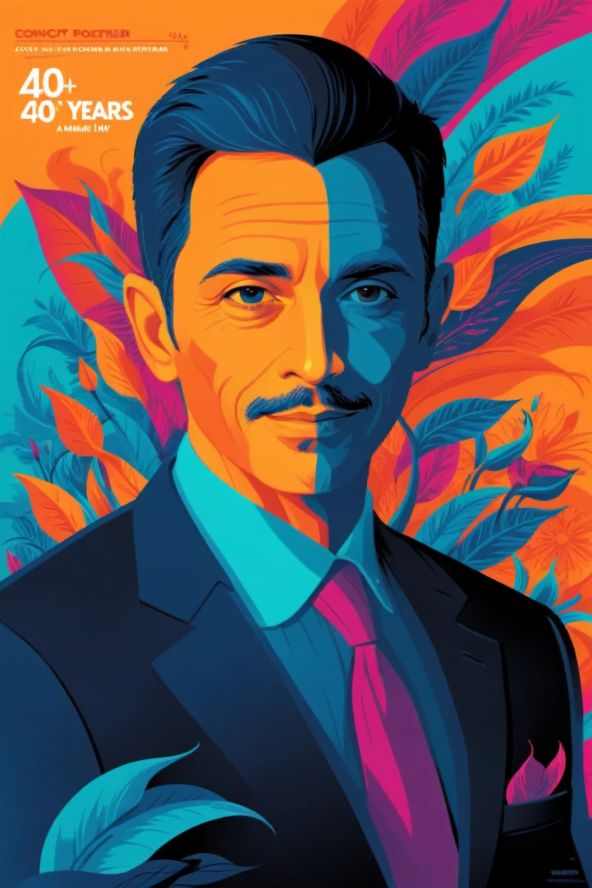 concept poster a 40 years man, full body portrait at amazon lily . digital artwork by tom whalen, bold lines, vibrant, saturated colors, detailed face,ceo