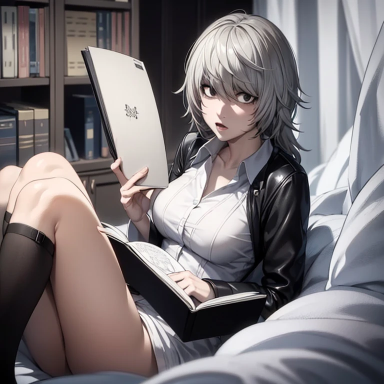 8K, mouthpiece, ((one beautiful woman)),((Death Note Drawing)), Almost solo, ((one beautiful woman)), ((black eye)), gray hair, long hair, reading a book