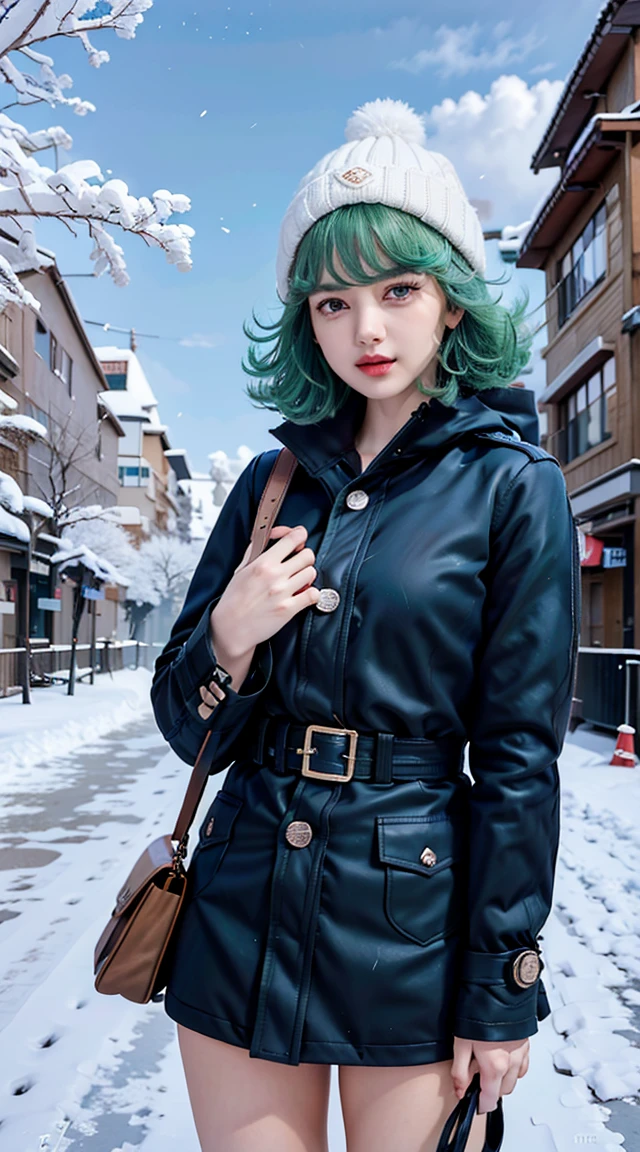tatsumaki, green hair, perfect body, perfect breasts, wearing a beanie, wearing a winter jacket, wearing a duffle coat, carrying a bag, wearing a watch, wearing earrings, in public, creatures in Tokyo city, on the street, snow in road, it's snowing, looking at the viewer, a slight smile, realism, masterpiece, textured skin, super detail, high detail, high quality, best quality, 1080p, 16k