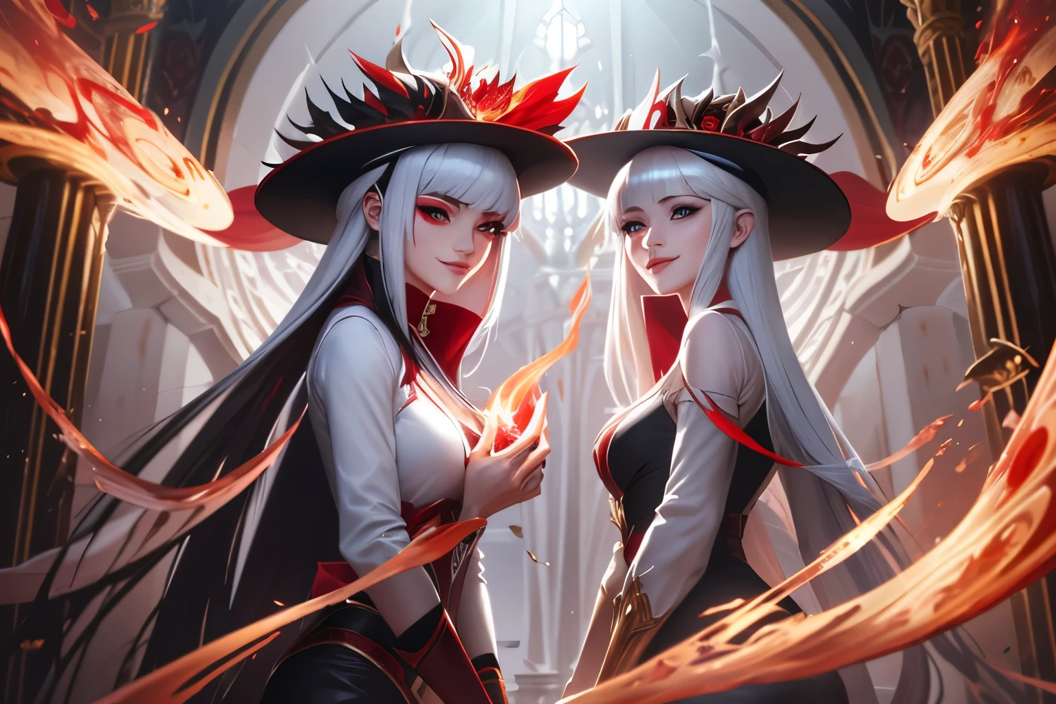 Dirt.,white shirt,(red black magic:1.2), League of Legends สแปลชอาร์ต, woman,Bangs,black pants,Red eyes,White hair with bangs,(madness:1.2),crystal,mask,darkness,smile,bottom view,gold,fish,victorian hat,Europe,Middle Ages,Marble,white magic,joy,luxurious,diamond,flower,full figure,(white fire magic:1.2),ruins,Comb your hair,Reflections,mirror,mirrorเเตก,ผลึกcrystal