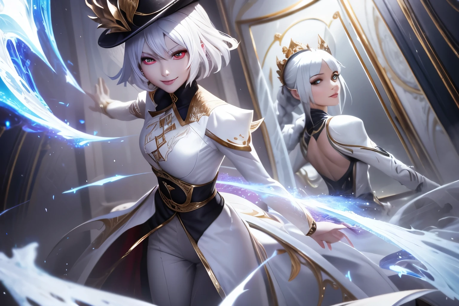 Dirt.,white shirt,(Spectral magic:1.2), League of Legends สแปลชอาร์ต, woman,Bangs,black pants,Red eyes,white hair,(madness:1.2),crystal,mask,darkness,smile,bottom view,gold,fish,victorian hat,Europe,Middle Ages,Marble,white magic,joy,luxurious,diamond,flower,full figure,(white fire magic:1.2),ruins,Comb your hair,Reflections,mirror,mirrorเเตก,ผลึกcrystal,white coat