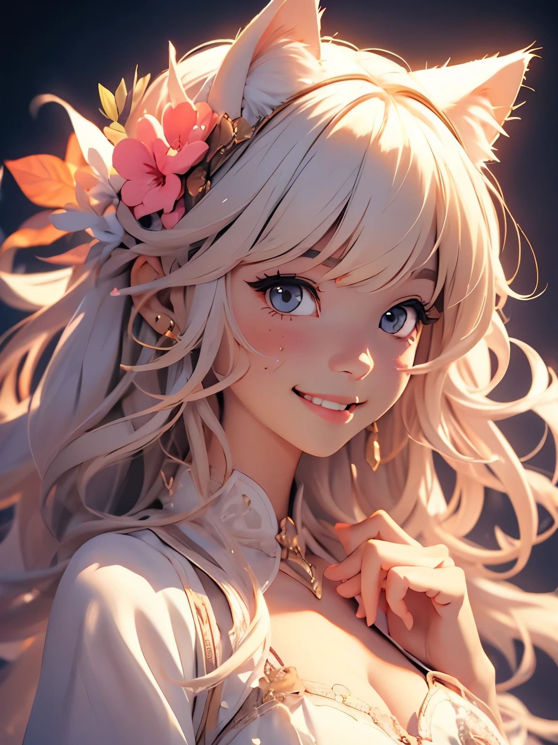 Girl with cat ears happy, cute-fine-face, anime. illustration, realistic shaded perfect face, bright smile, fine details