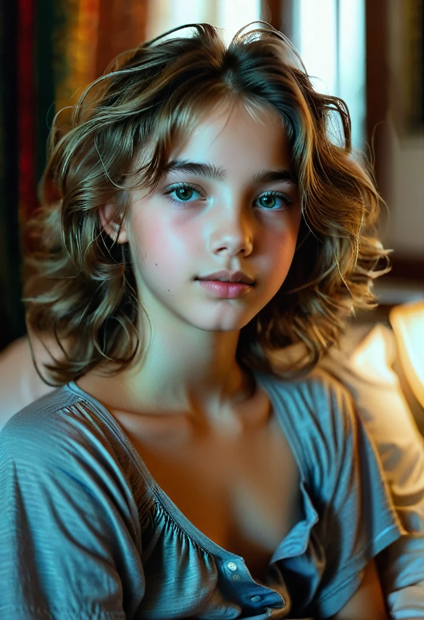 Portrait d&#39;une jolie adolescente de 12 ans avec un visage parfait, beau visage, russe, en culotte, au lit, beau buste (Sombre private study, Sombre, Light of&#39;ambiance: 1.2)