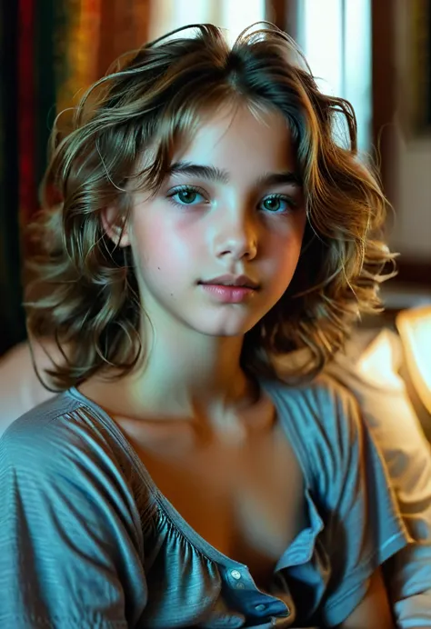 Portrait d&#39;une jolie adolescente de 12 ans avec un visage parfait, beau visage, russe, en culotte, au lit, beau buste (Sombr...