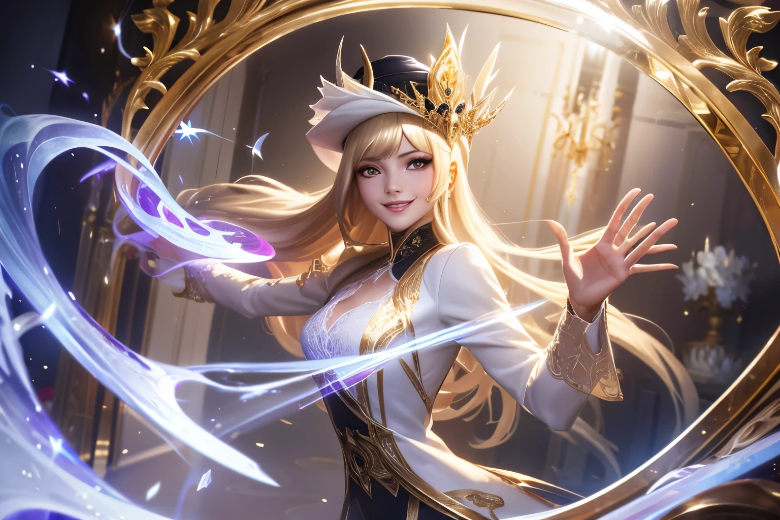 Dirt.,white shirt,(Spectral magic:1.2), League of Legends สแปลชอาร์ต, woman,Bangs,black pants,Red eyes,Blonde hair,(madness:1.2),crystal,mask,darkness,smile,bottom view,gold,fish,victorian hat,Europe,Middle Ages,Marble,white magic,joy,luxurious,diamond,flower,full figure,(white fire magic:1.2),ruins,Comb your hair,Reflections,mirror,mirrorเเตก,ผลึกcrystal,white coat,dynasty,gold lace pattern,water