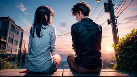 A boy and a girl are sitting and looking at each other and from behind the boy it is day and from behind the girl it is night.