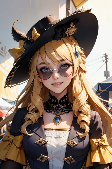 (hyper detailed background, top-quality、4K、Wear a big hat、Golden hair、Wear sunglasses、Touch your black sunglasses with your righ...