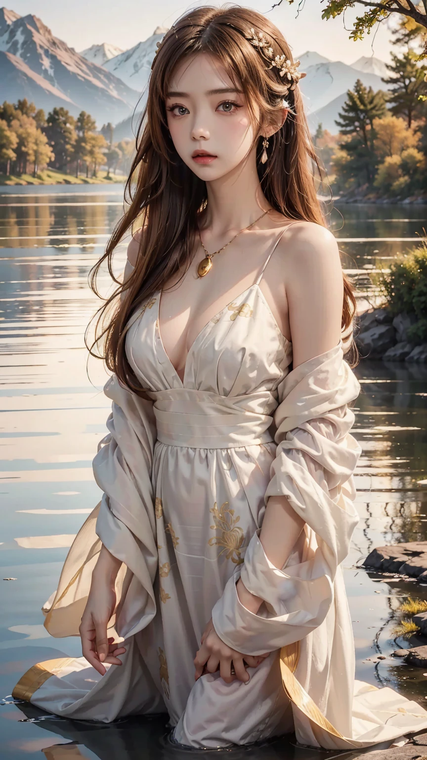 1 girl, serene expression, mesmerizing eyes, long straight hair, flowing dress, poised posture, porcelain skin, subtle blush, BREAK golden hour crystal pendant, (rim lighting): 1.2, warm tones, sun flare, shadows soft, vibrant colors, pictorial effect, dreamy atmosphere BREAK scenic lake, distant mountains, willow tree, calm water, reflection, sunlit clouds, tranquil ambience, idyllic sunset, ultra detailed, official art, unity 8k wallpaper, zentangle, mandala