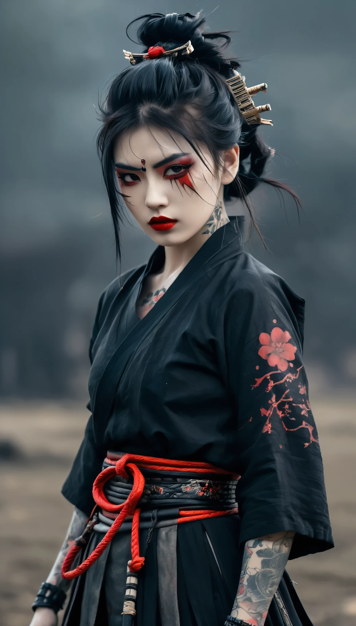ein Samurai-Mädchen, halb Cyborg, gotisches Outfit, mit Tätowierung, rote Lippe, Ganzkörper, dynamische pose, düsterer schlachtfeldhintergrund, dunkle Fantasie, horror vibe. wunderschöne Frisur, verträumtes Gothic-Mädchen