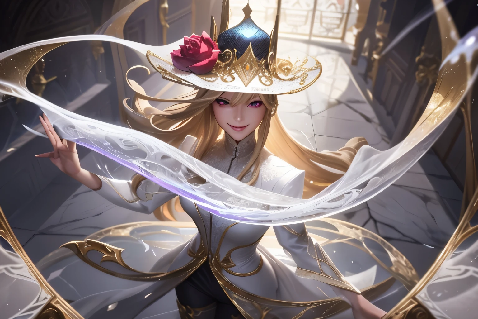 Dirt.,white shirt,(Spectral magic:1.2), League of Legends สแปลชอาร์ต, woman,Bangs,black pants,Red eyes,Blonde hair,(madness:1.2),crystal,mask,darkness,smile,top view,gold,fish,victorian hat,Europe,Middle Ages,marble pattern,white magic,joy,luxurious,diamond,flower,full figure,(white stone magic:1.2),ruins,Comb your hair,Reflections,mirror,mirrorเเตก,ผลึกcrystal,white coat,dynasty,gold lace pattern,water,เศษcrystalสีฟ้า,ยืนกลางทุ่งflower,snake,Insects