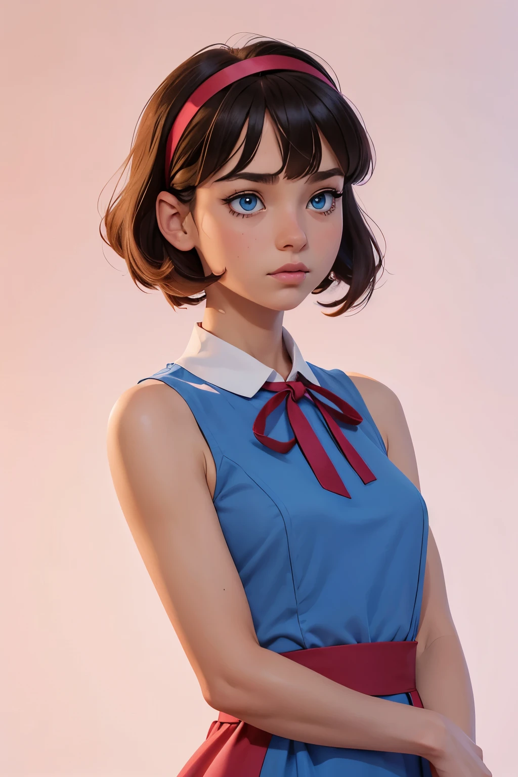 masterpiece, best quality, highres, serena (pokemon), short hair, blue eyes, 1girl, solo, blue ribbon, eyelashes, neck ribbon, sleeveless, bangs, collarbone, bare arms, pink dress , red coat, white background, front, no scenery, looking at the viewer,upper body, facing viewer, solid color background, clean background, facing the camera, high resolution, expressionless calm face, white back ground, looking away, simple_background