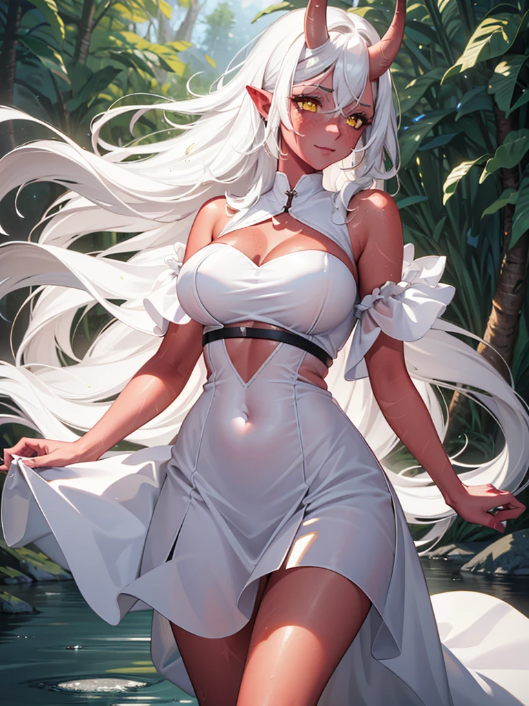 "(best quality,4k,8k,highres,masterpiece:1.2),ultra-detailed,(realistic:1.1),portrait,colorful lighting, sexy woman,red skin,red horn,long white hair,yellow eyes,cute dress clothes,sparkling eyes,sunshine,soft complexion,freckles,fantasy ambiance,daydreaming,fairy tale,dreamy background,imagination,whimsical,childhood memories,happiness,bliss,light-hearted"