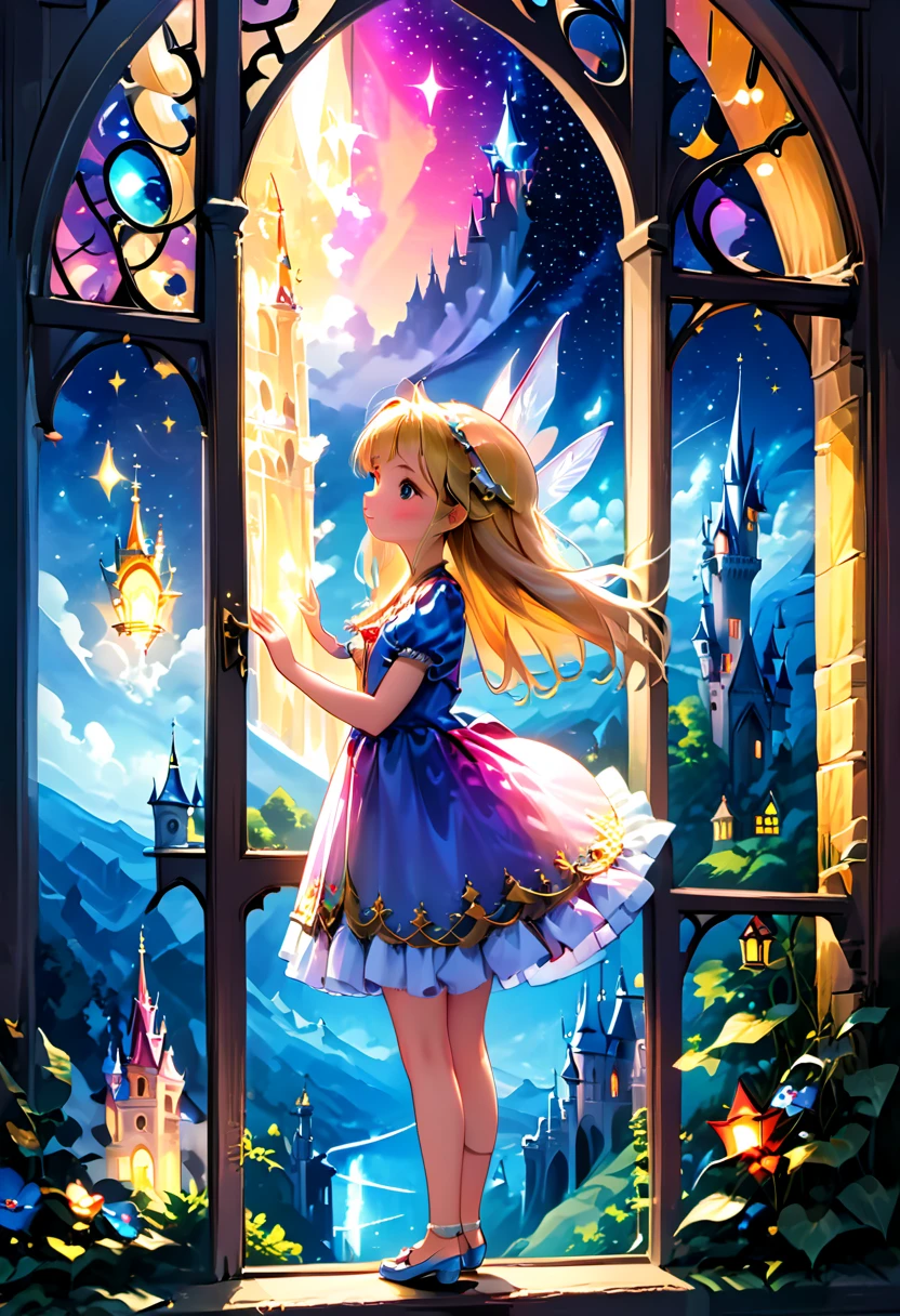 The magical princess looks out of the castle window and the fairy tale kingdom becomes more colorful under the bright starry sky.