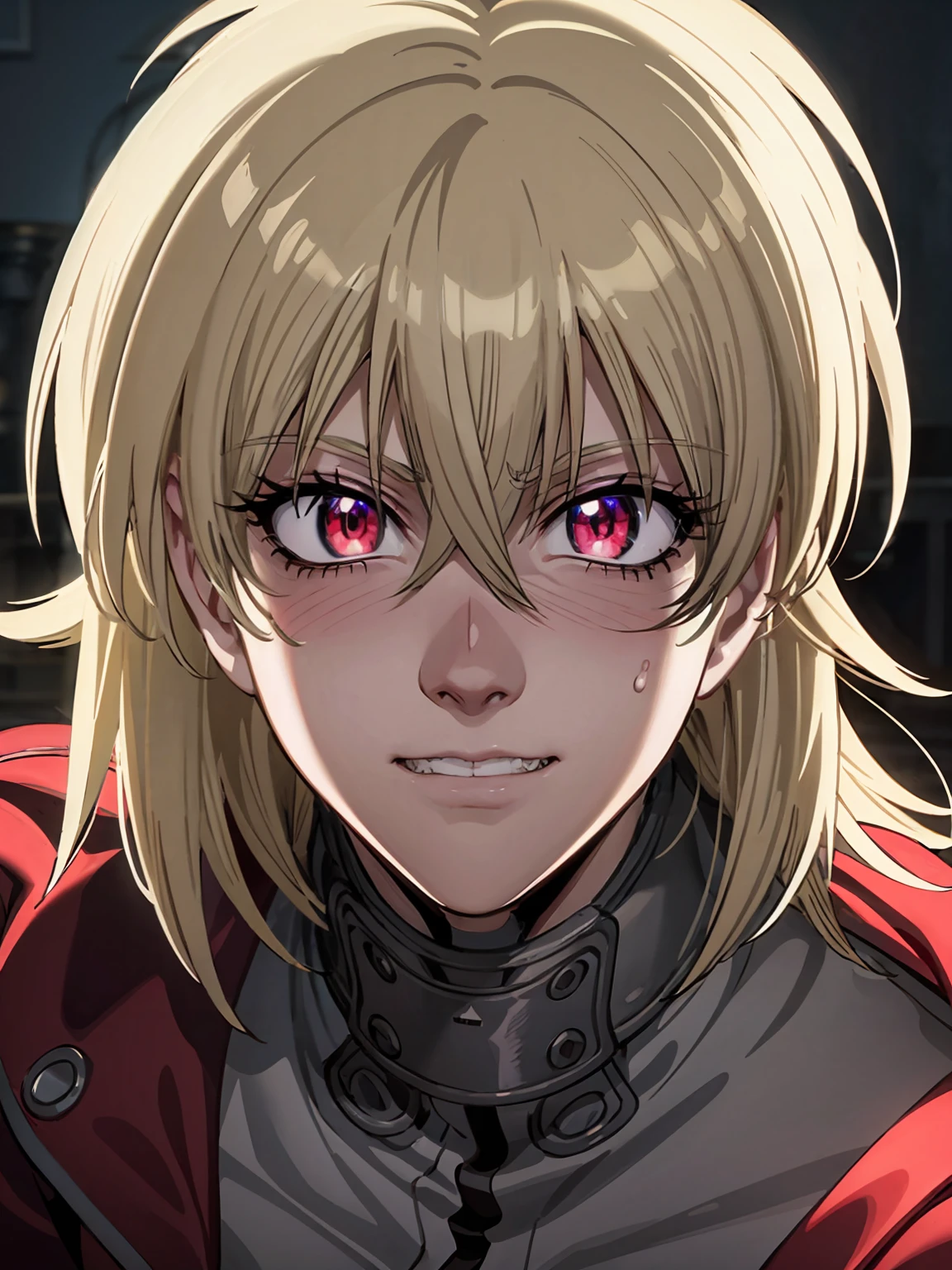 Seras Victoria,detailed face,vampire,handsome face,vampire fangs,red eyes,intense stare,smooth skin,pale complexion,flowing hair,perfectly arched eyebrows,sculpted cheekbones,masterpiece:1.2,ultra-detailed,photorealistic,vivid colors,dark and moody lighting"