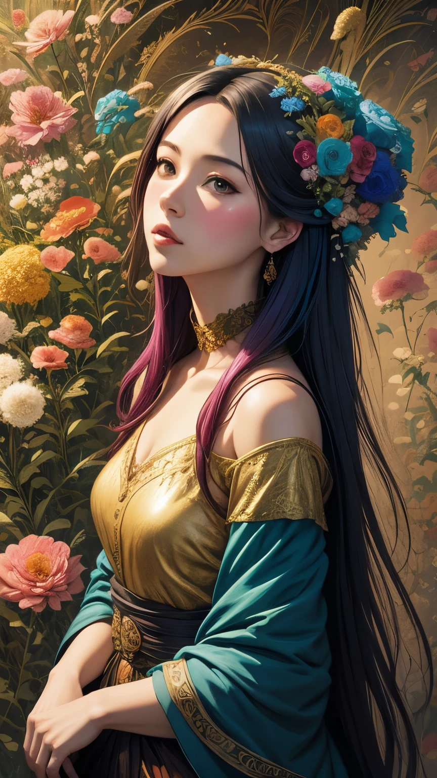 eine Zeichnung einer Frau mit Blumen im Haar, eine detaillierte Zeichnung, von Yoshihiko Wada, Fantasy-Kunst, El Bosco und Dan Mumford, Abbildung im Goldenen Schnitt, Anime-Stammesmädchen mit langen Haaren, Anime-Mädchen mit blaugrünem Haar