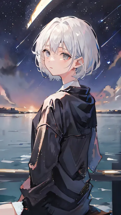 girl，white hair，short hair，silver eyes，sit and look back at me，only the upper body is visible，beautiful starry sky