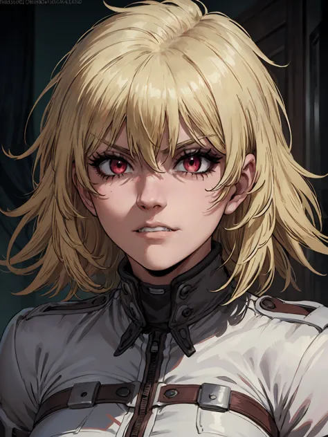 Seras Victoria,detailed face,vampire,handsome face,vampire fangs,red eyes,intense stare,smooth skin,pale complexion,flowing hair...