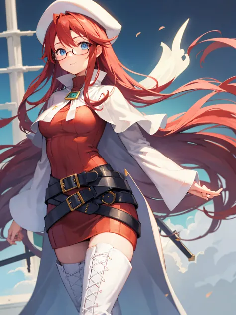 summonnightaty, aty, long hair, blue eyes, red hair, beret, hat, glasses,
break long hair, thighhighs, hat, dress, boots, glasse...