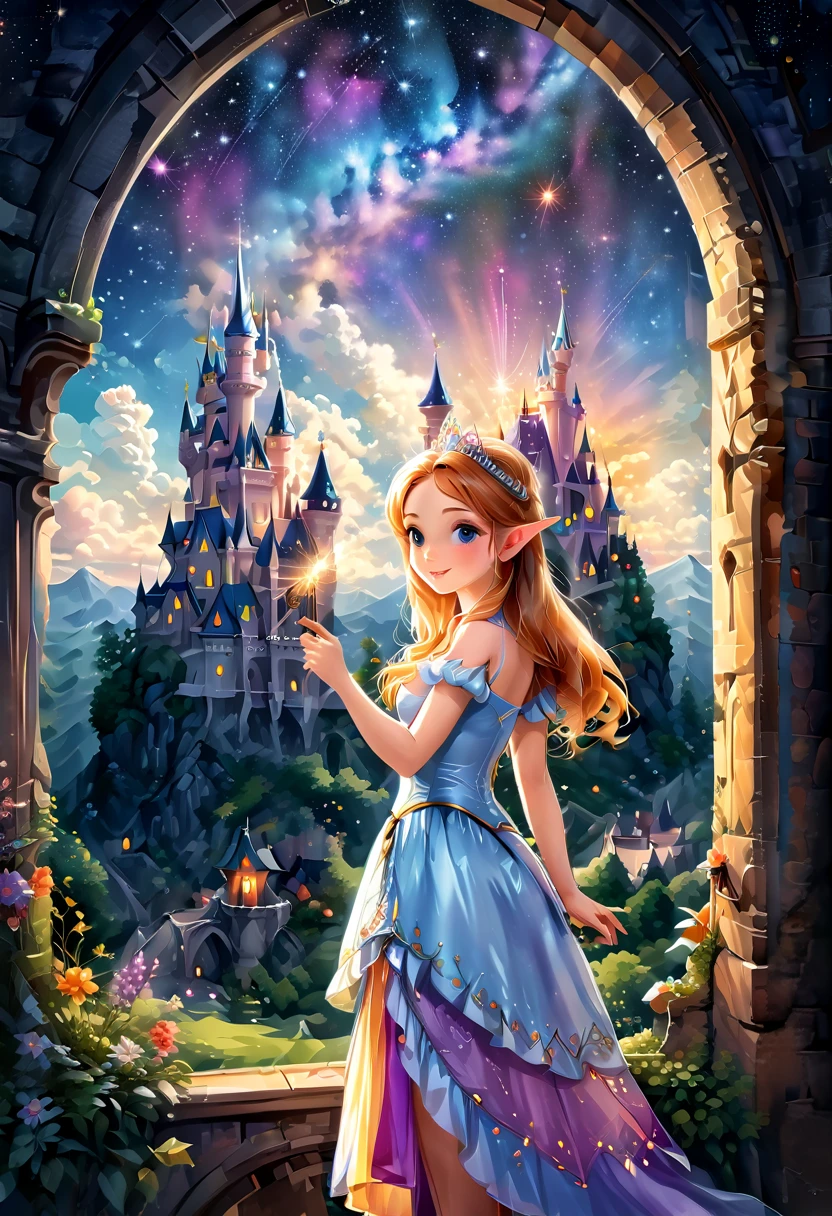 Magic princess holding a magic wand.Looking out from the castle window, the fairy tale kingdom castle has a luxurious and majestic appearance. Several flying elves under the bright starry sky make it even more colorful.