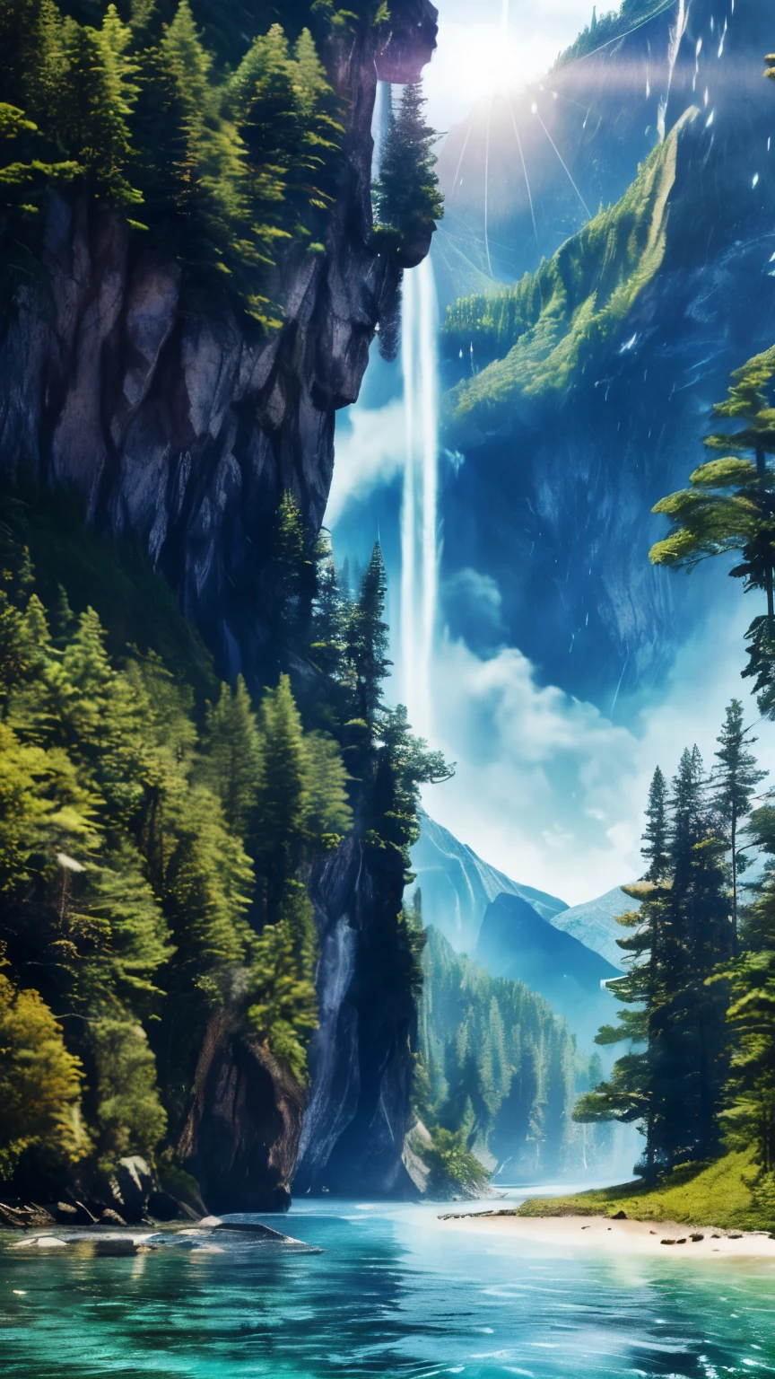 Painting of a waterfall in a mountain valley with a waterfall coming out of  the cliff - SeaArt AI