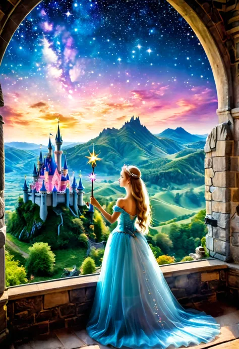 Magic princess holding a magic wand.Looking out from the castle window, the fairy tale kingdom castle has a luxurious and majest...