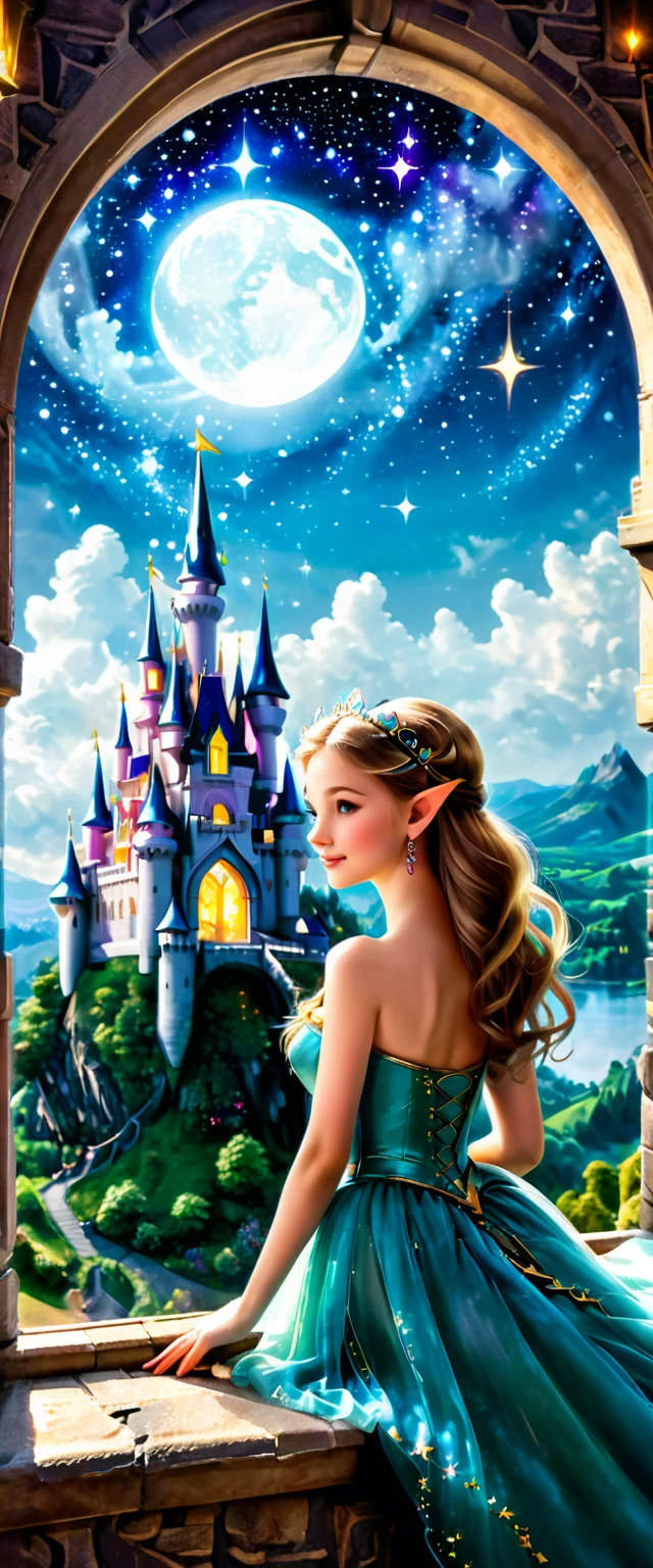 Magic princess holding a magic wand.Looking out from the castle window, the fairy tale kingdom castle has a luxurious and majestic appearance. Several flying elves under the bright starry sky make it even more colorful.