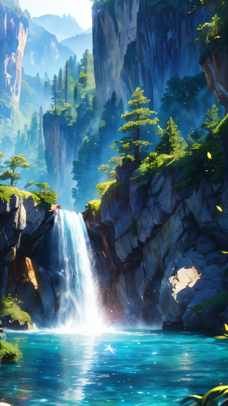 A painting of a waterfall in a mountain with a small waterfall 