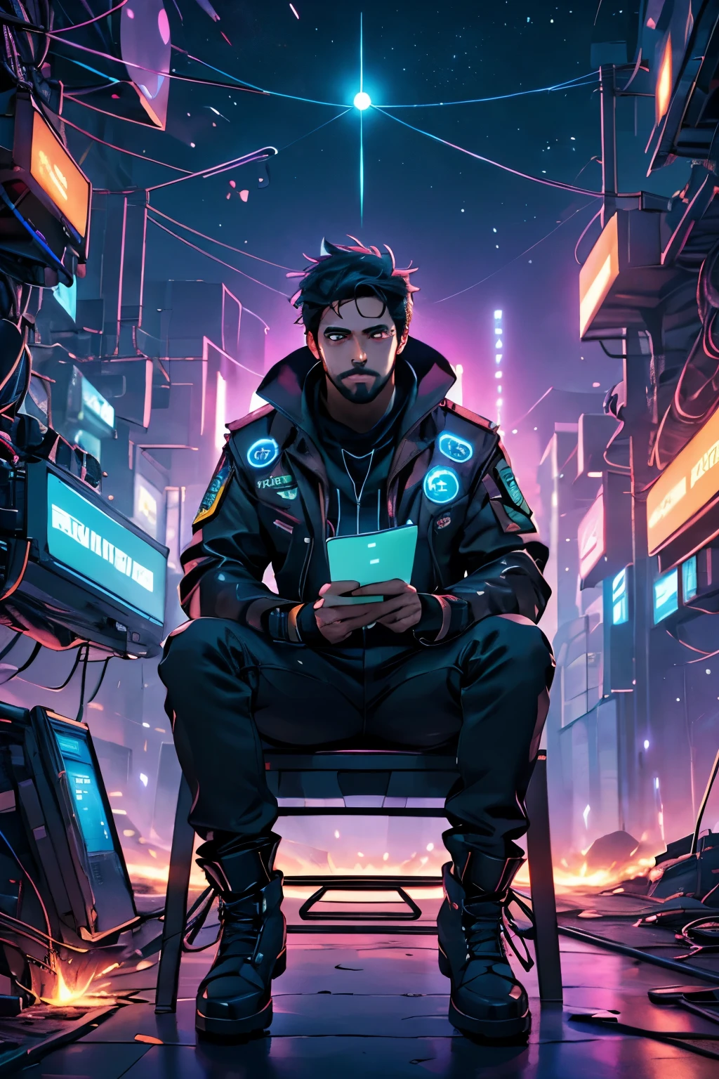 Desenhe um jovem otako, sitting on a research platform floating in the middle of an asteroid belt. He is studying with a notebook, surrounded by several asteroids glowing with fiery auras. Dramatic lighting from distant stars and planets illuminates the scene, casting deep shadows on the costume. O jovem parece confiante e determinado, looking at the vast and mysterious universe with awe and respect,Facial hair, tiro de vaqueiro,