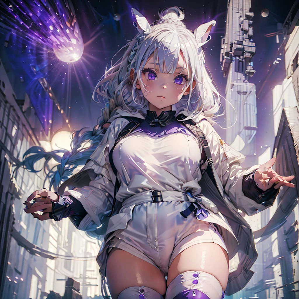 girl with white hair braided in a ponytail on the left side. bunny ears folded back. pale violet eyes. in short white shorts. long white T-shirt. white knee-high socks. white long robe with a hood, inside the robe is dark purple. concrete corridor. space. moon. the light falls