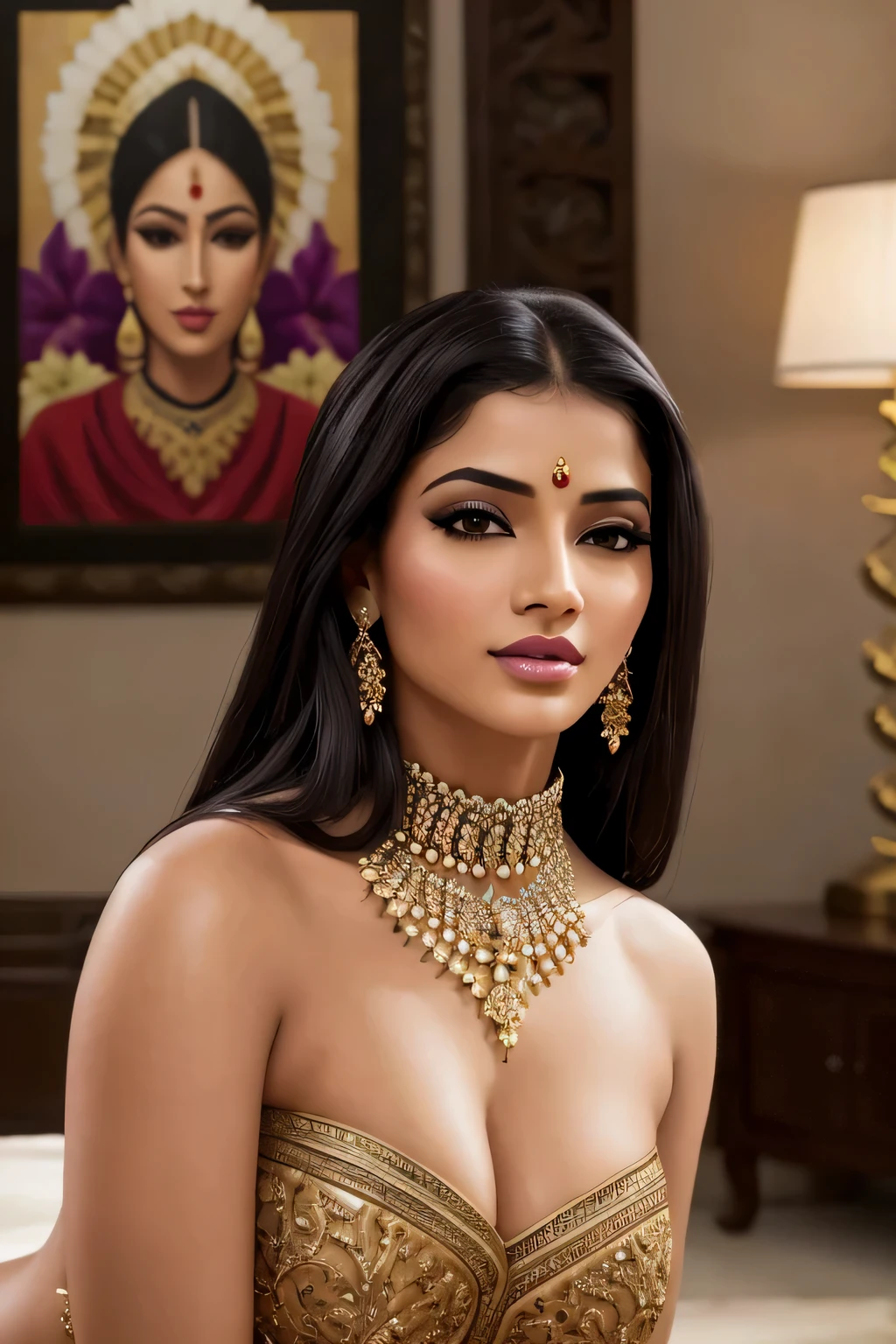 (best quality,4k,8k,highres,masterpiece:1.2),ultra-detailed,(realistic,photorealistic,photo-realistic:1.37),oil painting,portrait,exotic beauty,fierce eyes,dark lips,long black hair,traditional Indian attire,ornate jewelry,expressive facial features,vibrant colors,warm color tones,soft lighting,rich texture,Indian culture,tempting gaze,sensual pose,delicate facial details,meticulous brushstrokes,breathtaking artwork,indulgent atmosphere,traditional henna patterns,alluring expression,ethereal beauty,exquisite craftsmanship,ravishing feminine energy,lush background,mesmerizing gaze,artistic elegance,ethnic diversity,celebration of womanhood,graceful movements,contemporary yet timeless,result of artistic passion,intricate embellishments,majestic aura,fusion of tradition and modernity,masterful rendering,alluring charm,attention to cultural authenticity