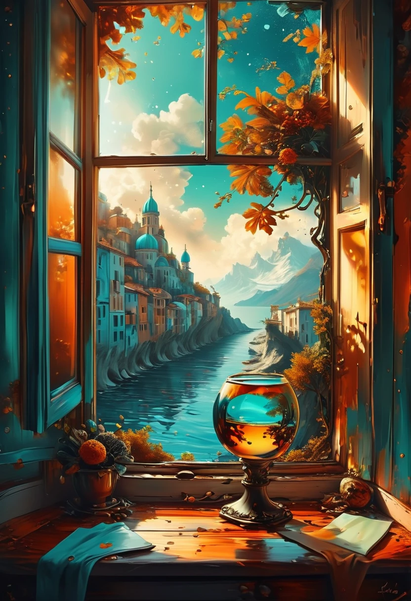 View Outside the Window, Beautiful, Fantasy, by Noah Bradley, best quality, masterpiece, very aesthetic, perfect composition, intricate details, ultra-detailed
