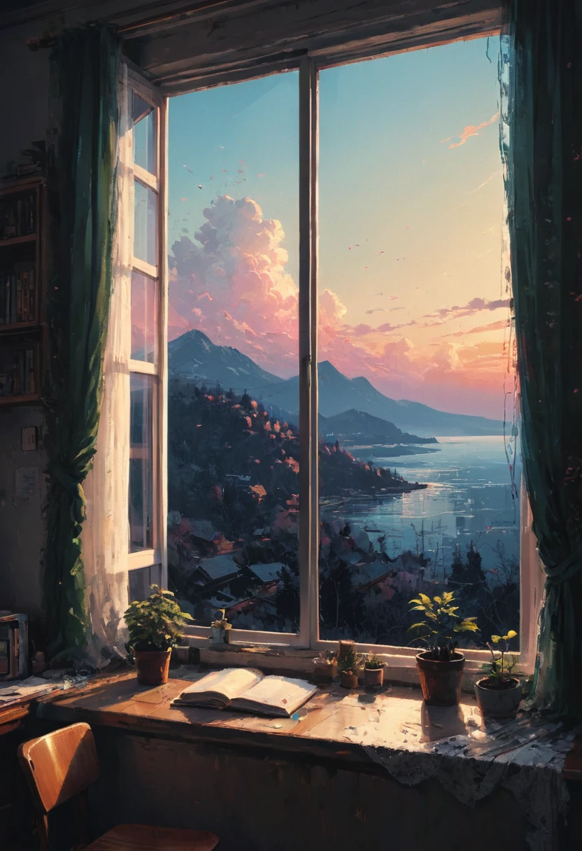 The View Outside the Window, by Alena Aenami, (masterpiece, best quality, perfect composition, very aesthetic, absurdres, ultra-detailed, intricate details, Professional, official art, Representative work:1.3)