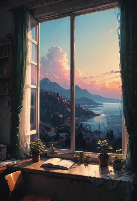 the view outside the window, by alena aenami, (masterpiece, best quality, perfect composition, very aesthetic, absurdres, ultra-...