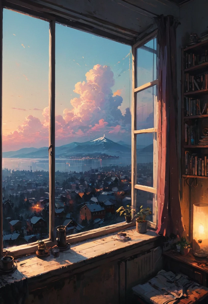 The View Outside the Window, by Alena Aenami, (masterpiece, best quality, perfect composition, very aesthetic, absurdres, ultra-detailed, intricate details, Professional, official art, Representative work:1.3)