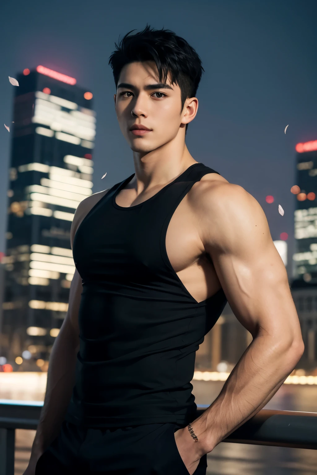 portrait of a 1 boy wearing a tight black tank top, front view, looking at camera, (smirk:0.65), (angry:0.3), cinematic shot on canon 5d ultra realistic, urban atmosphere, skyscrapers, night scene, sakura petals are flying over the background, short hair undercut, (extremely handsome:1.2)
