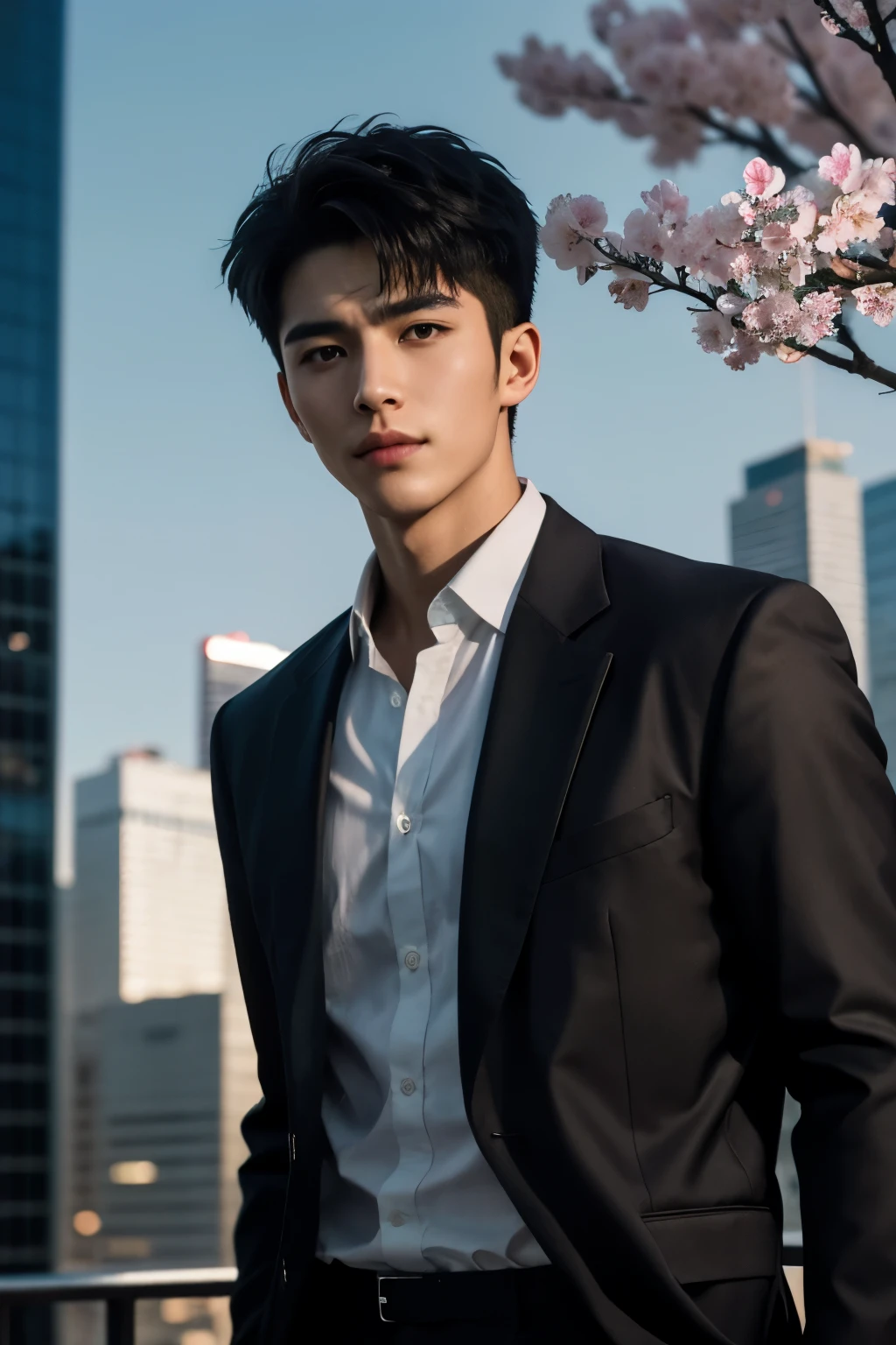 portrait of a 1 boy wearing nothing completely naked, front view, looking at camera, (smirk:0.65), (angry:0.3), cinematic shot on canon 5d ultra realistic, urban atmosphere, skyscrapers, night scene, sakura petals are flying over the background, short hair undercut, (extremely handsome:1.2)
