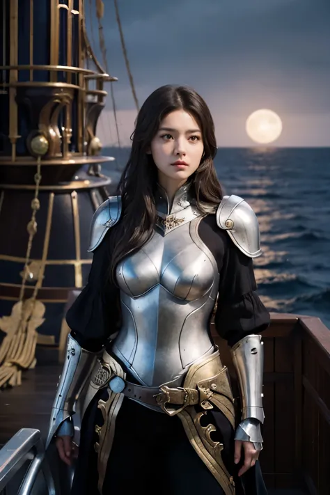 A beautiful woman. Dark brown hair. She wears beautiful silver armor. She is looking at the camera with a defiant expression. Sh...